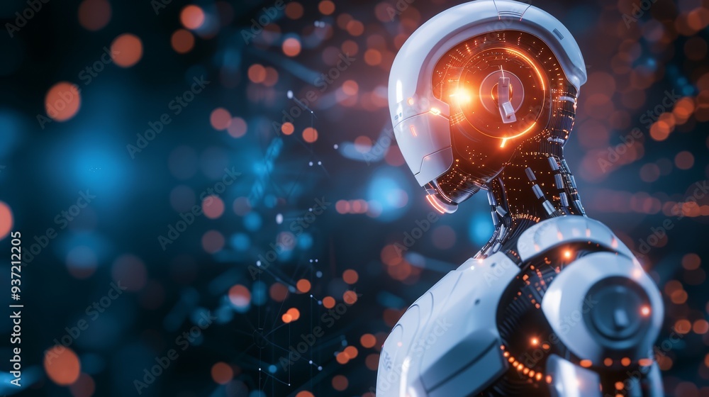 Poster futuristic robot head with glowing lights and bokeh background