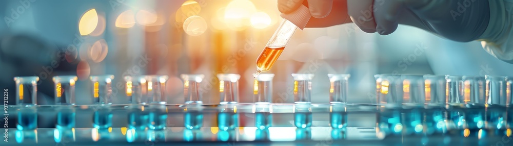 Aufkleber scientist using pipette to add liquid to test tubes in laboratory