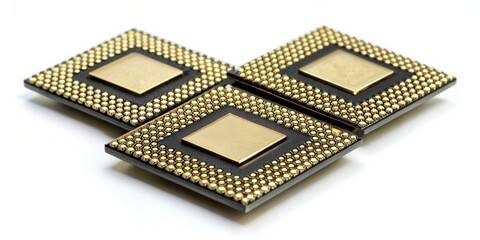 Obraz premium Three Golden CPU Chips in a Triangle, CPU, Gold, Semiconductor, Computer Chip