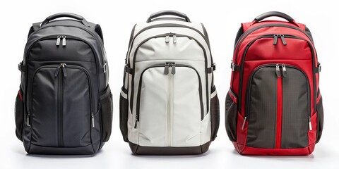Fototapeta premium Three Stylish Backpacks in Black, White, and Red, backpack, bags, travel, fashion