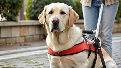 Guide dog: a reliable assistant and faithful friend for the visually impaired.Trained, trained companion and companion for adults and children with disabilities.A faithful assistant to his master.