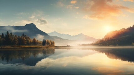 Fototapeta premium A tranquil sunrise over a serene mountain lake, with the mist gently rising off the water's surface like a veil.