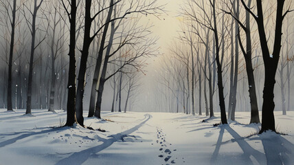 Obraz premium Watercolor Painting: An intriguing minimalist painting presenting a single, perfectly aligned row of bare trees against a vast, snowy landscape.