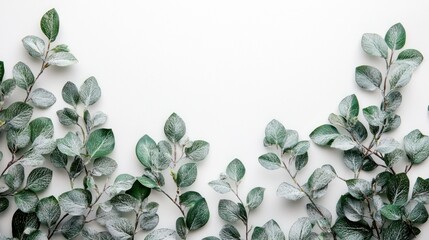 Ethereal Winter Foliage: Small Emerald Green and Silver Leaves with Mini Mistletoe on White Background