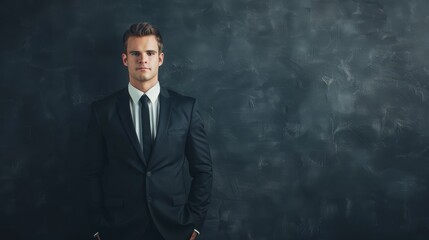 Confident Businessman in Suit and Tie Against Dark Background