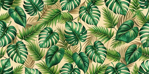 Naklejka premium Tropical Leaf Pattern Watercolor Painting of Lush Greens and Beige, Watercolor , Tropical , Leaves , Pattern