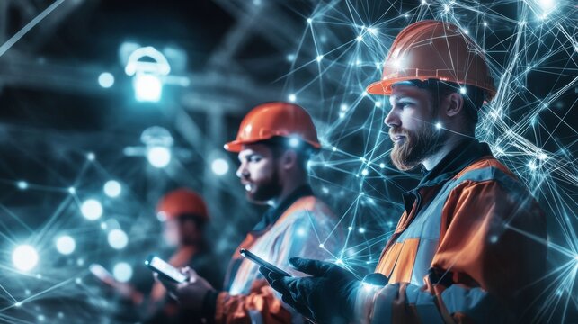 Engineering the Future: Construction workers in a modern industrial setting, utilizing digital technology and data visualization, showcasing innovation in the industry.