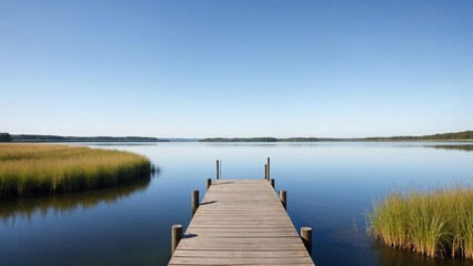 Fototapeta premium A wooden dock extending into a serene lake under a clear blue sky, ideal for peaceful nature and travel themes.