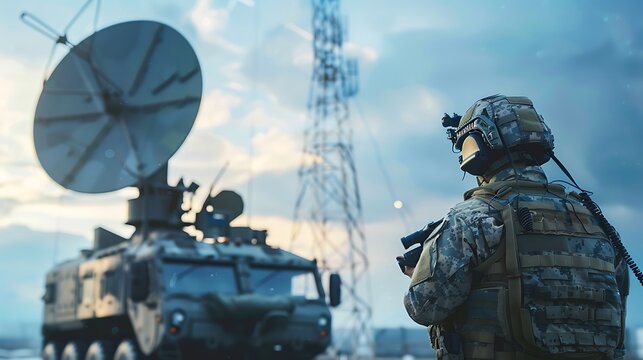 soldier stands guard in front of a military satellite communication dish and armored vehicle.