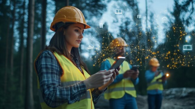 Forest Tech: A team of construction workers utilize digital technology and tablets in the heart of a lush, green forest. The image conveys the intersection of nature and modern innovation.  
