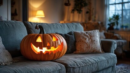 Obraz premium A lit jack-o-lantern sits on a gray couch in a living room with a lamp and pillows.