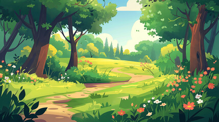 The fantasy spring park and forest, adventure game background. Illustration