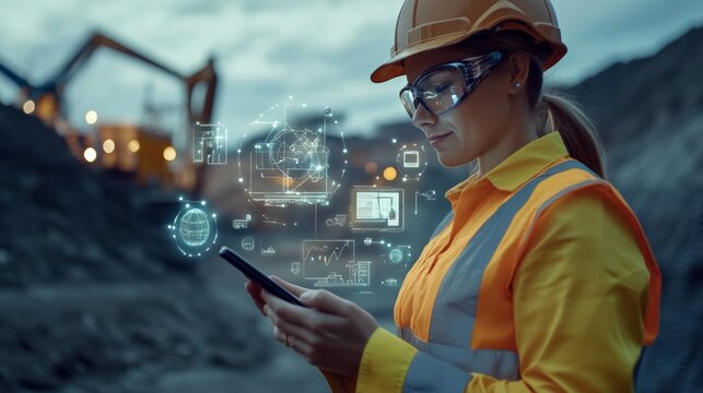 Tech-Enabled Construction: A female construction worker, equipped with a hardhat and safety glasses, stands confidently in a mining site, utilizing a smartphone for data analysis, showcasing the integ