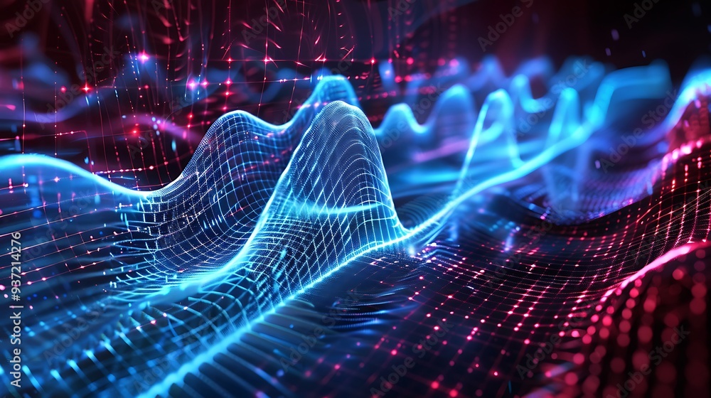 Poster abstract neon wave with glowing light and digital pattern design. futuristic technology concept.