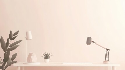 A minimalist workspace featuring a desk, microphone, lamp, and plants.