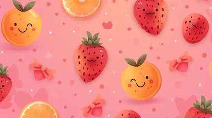 Cute Cartoon Orange and Strawberry Pattern Pink Background