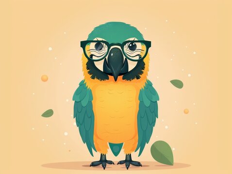 Cute Parrot Wearing Glasses with Yellow and Green Feathers