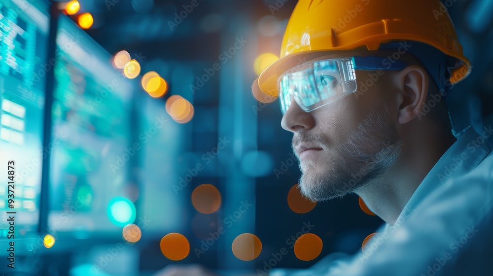 Poster industrial engineer working on computer in factory
