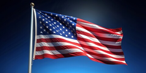 Fototapeta premium Waving American Flag Against a Blue Sky, digital illustration, blue sky, red and white stripes, stars, American flag, patriotism