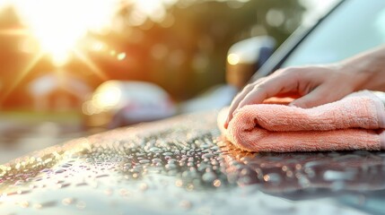 Closeup of a Hand Drying a Wet Car with a Towel in the Sunlight