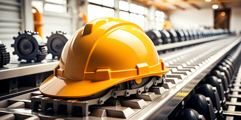 3D Icon as Safety helmet and assembly line concept as A safety helmet paired with an assembly line symbolizing the commitment to safety and efficiency in manufacturing processes ideal for isolated vec