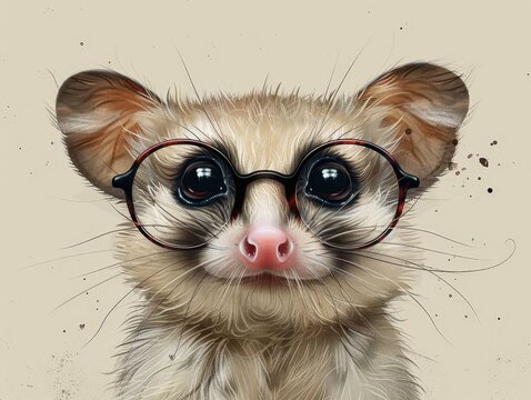 recommend clip art: Cute Opossum Wearing Glasses Portrait Illustration