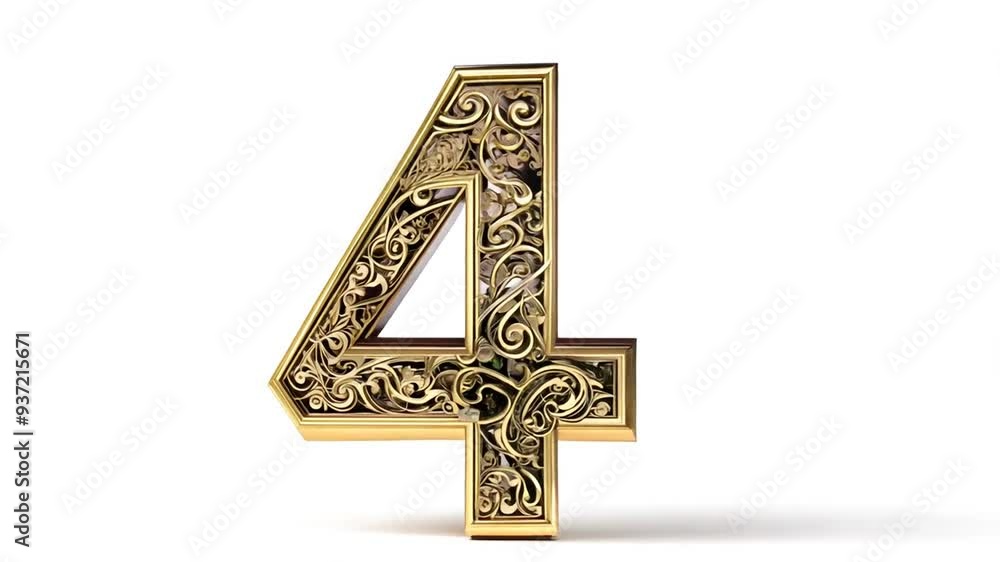 Aufkleber ornate golden number four with intricate detailing and shadows generative ai
