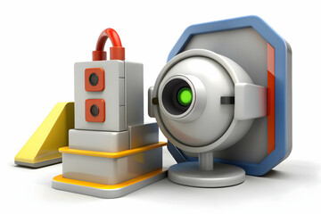 3D Icon as Safety monitor and production area concept as A safety monitor paired with a production area symbolizing the importance of surveillance and monitoring for industrial safety ideal for isolat