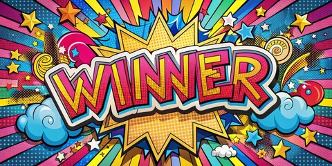 Winner Comic Book Style Text with Stars, Pop Art, Comic Book, Illustration, Graphic Design