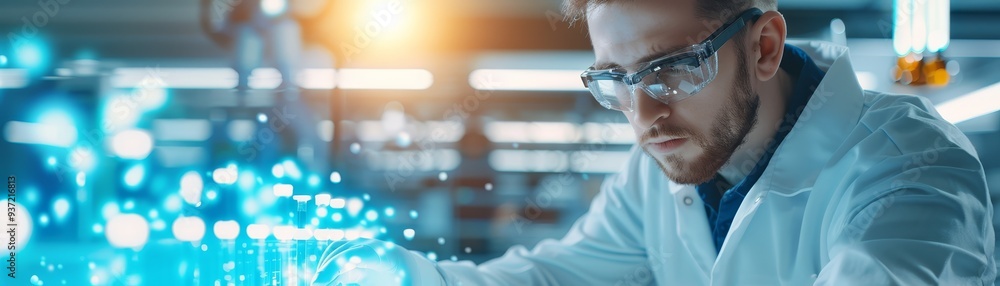 Poster scientist working in laboratory with blue bokeh and beaker