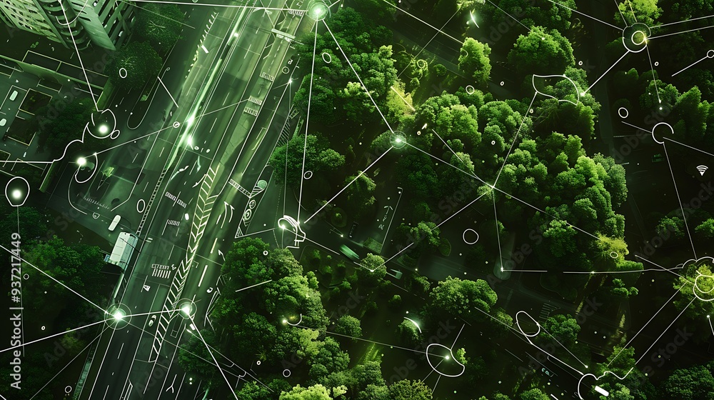 Poster aerial view of an urban forest with a network of digital connections overlay captures the interplay 