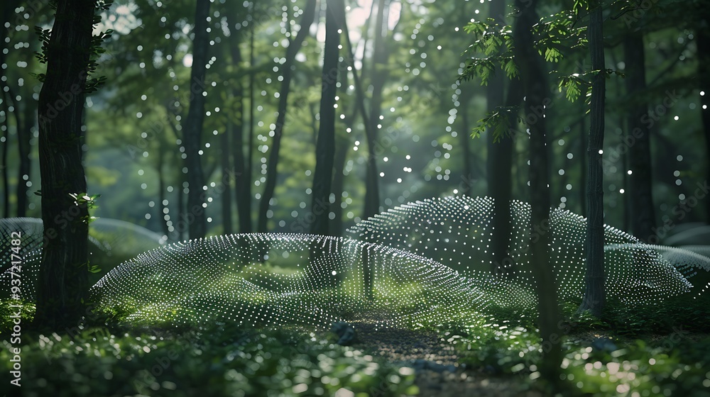 Poster digital forest with abstract geometric shapes a digital artwork with a futuristic and modern style.