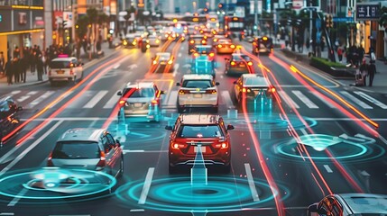 Busy city street with several cars driving along it with digital graphics displaying autonomous driving technology for futuristic vision of smart mobility and urban transportation concept.
