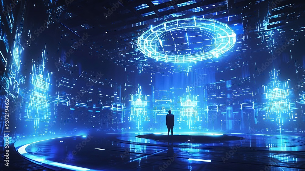 Poster man stands alone in a digitally rendered landscape, bathed in vibrant blue neon lights. the scene is