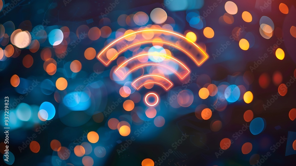 Poster glowing wifi symbol with bokeh lights in the background, representing the concept of wireless connec