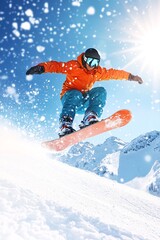 Young Man in Orange Jacket Snowboarding Down a Mountain on a Sunny Winter Day