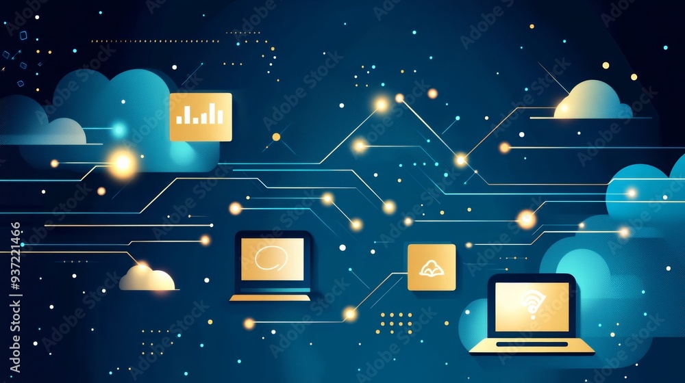 Poster digital network illustration with laptops, data charts, and cloud technology, showcasing modern conn