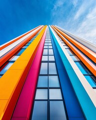 Vibrant Multicolored Skyscraper Against Blue Sky on a Clear Day Viewed Upwards