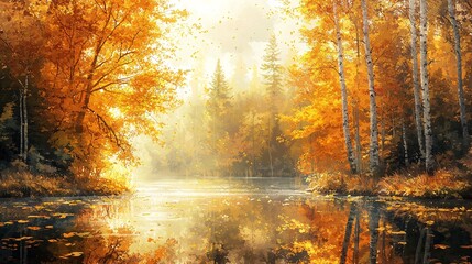 Obraz premium A peaceful autumn scene features brilliant orange and red foliage gracefully falling onto a calm lake that mirrors the vivid colors.