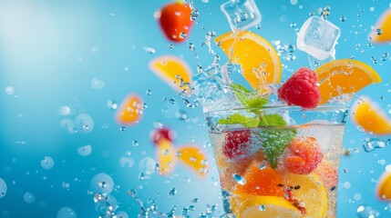 Refreshing Summer Fruit Drink with Ice Cubes and Water Splash