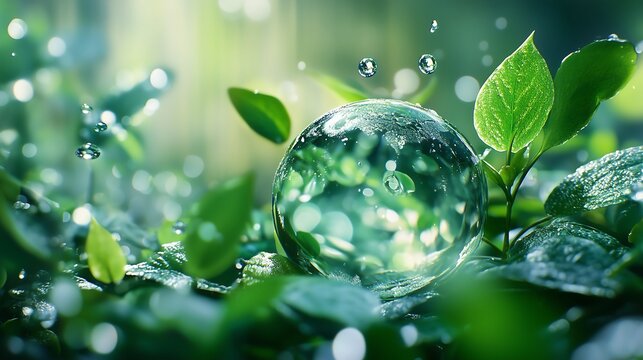 Crystal clear water drop background is green full of vitality and lush plants inside