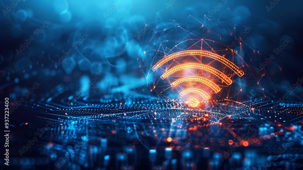 Poster glowing wifi symbol over a abstract blue digital background representing wireless network connection