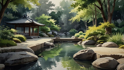 Fototapeta premium Watercolor Painting: Serene Zen garden, tranquil, minimalist, Japanese, contemplative,