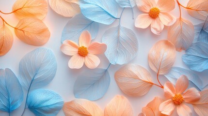 Ethereal Spring Blossoms: Pastel Peach and Sky Blue Leaves with Mini Daisy Petals on White Background