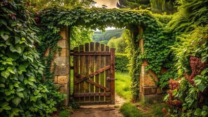 An isolated wooden gate with a rustic iron latch and overgrown vines, set amidst a serene and secluded natural landscape, exudes quiet exclusivity.