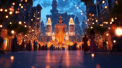 Illuminated Crowd Celebrating Festive Night in Front of Grand Golden Statue