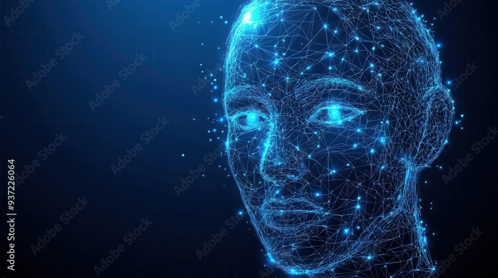 Poster digital representation of a humanoid face with glowing neural connections, symbolizing artificial in