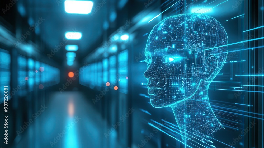Poster futuristic digital head showcasing ai technology in a data center, illustrating the intersection of 