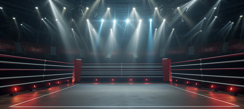 An empty professional boxing ring in an arena stadium, set up and ready for a competitive sports event. The bright lights overhead illuminate the ring, creating a dramatic atmosphere.