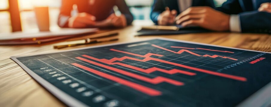 A graph with red lines on it is on a table. The graph shows a downward trend